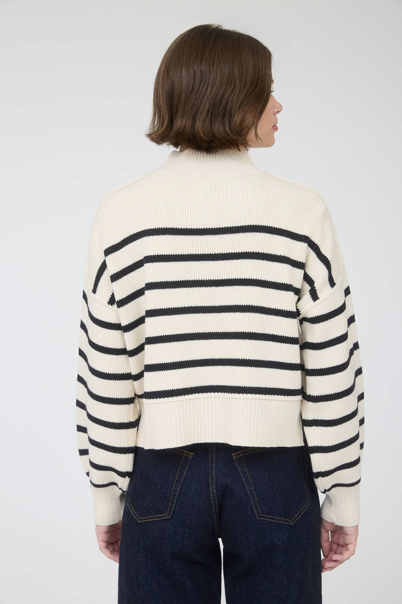 STRIPE MOCK NECK DROP SHOULDER KNIT SWEATER: NAVY