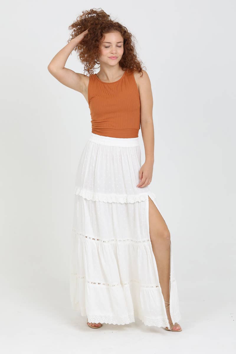 ASIS TIERED MAXI SKIRT WITH LACE TRIM AND SLIT