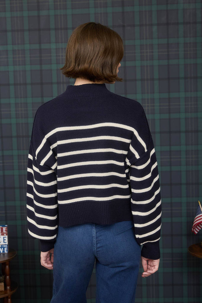 STRIPE MOCK NECK DROP SHOULDER KNIT SWEATER: NAVY