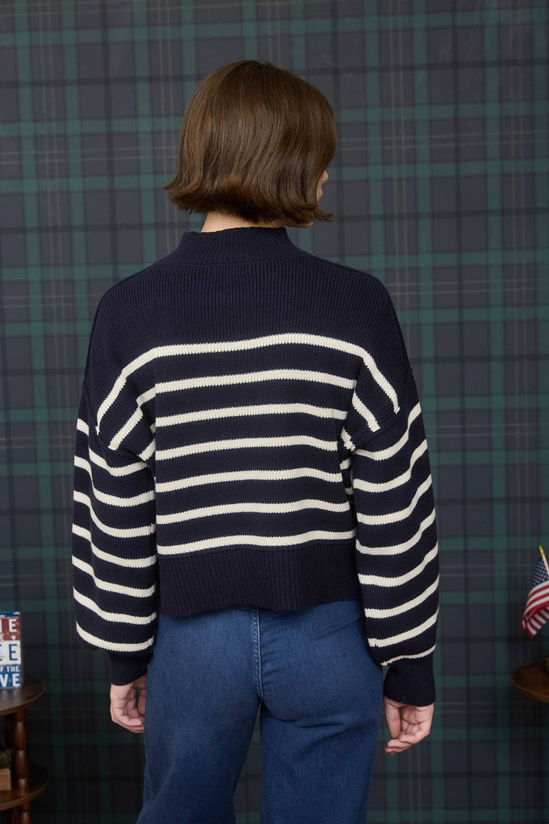 STRIPE MOCK NECK DROP SHOULDER KNIT SWEATER: NAVY