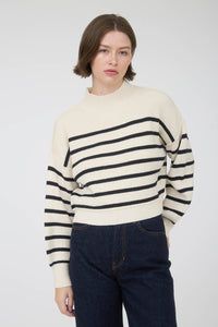 STRIPE MOCK NECK DROP SHOULDER KNIT SWEATER: NAVY