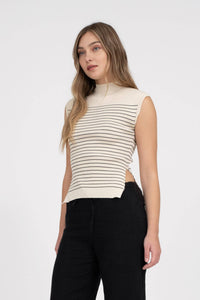 STRIPE MOCK NECK SWEATER: OATMEAL