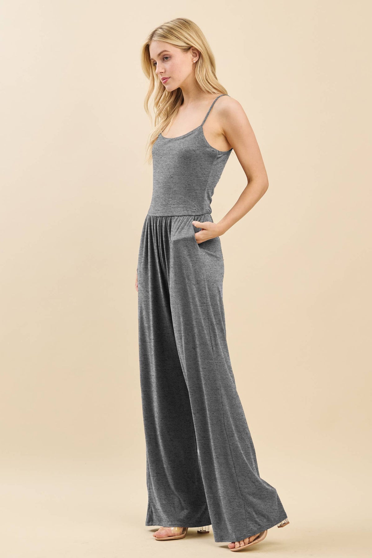 DOUBLE LAYERED PULL UP TANK JUMPSUIT: LIGHT H. CHARCOAL