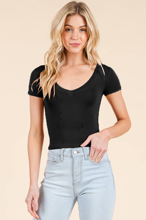 SHORT SLEEVE V-NECK CROP TOP: BLACK