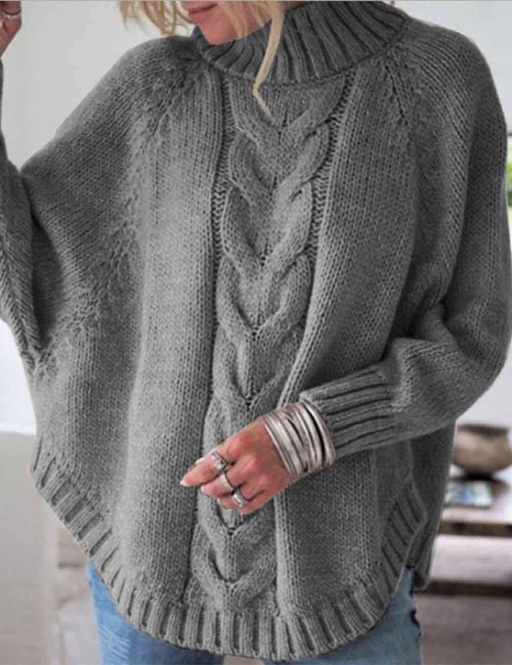 Ladies Solid Color Pullover Stand Collar Cable Sweater