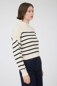STRIPE MOCK NECK DROP SHOULDER KNIT SWEATER: NAVY