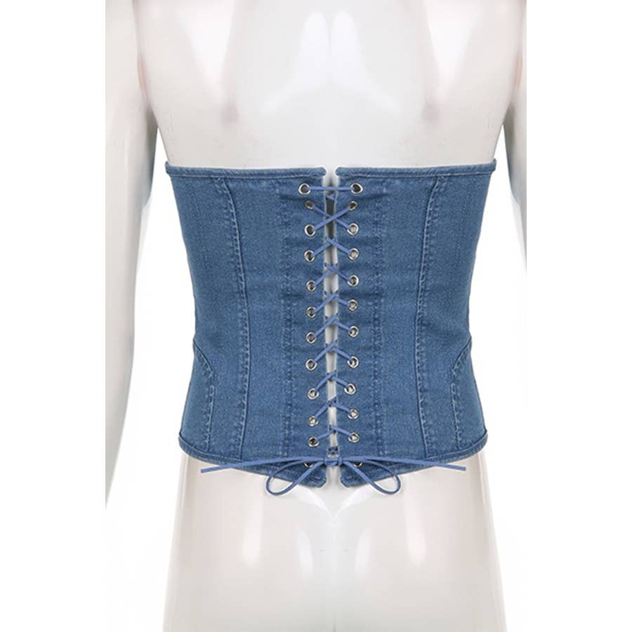 Slim Fit Lace up Solid Color Denim Tube Top