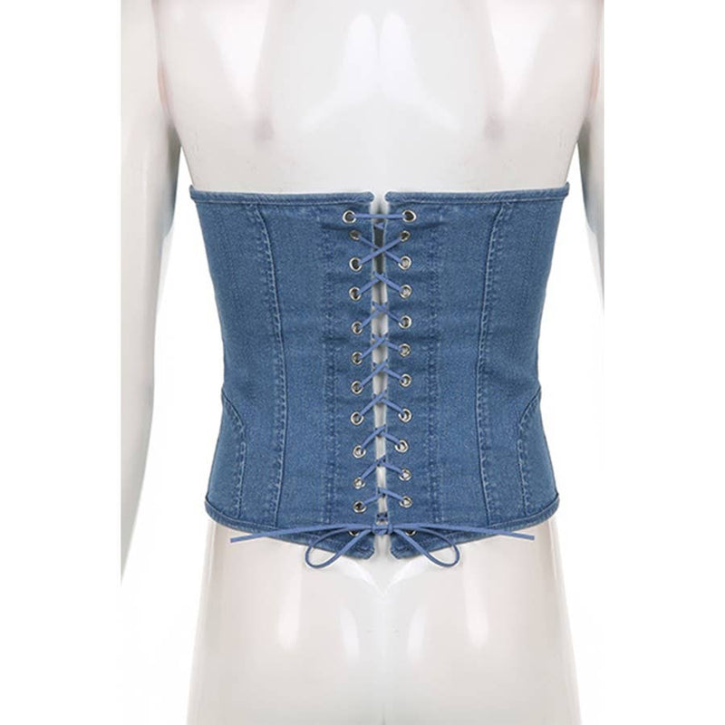 Slim Fit Lace up Solid Color Denim Tube Top