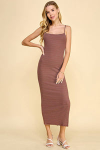 DOUBLE LAYERED CAMI STRIPE MAXI DRESS: MILK TEA/ SOFT WHITE