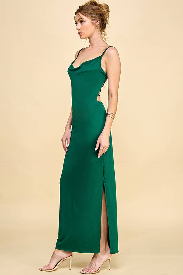 COWL NECK W LAYERED STRAP MAXI DRESS W SIDE SLIT: JEWELRY GREEN