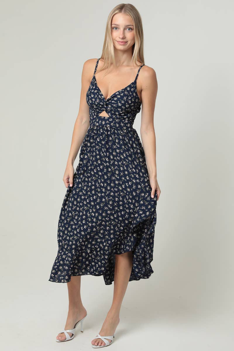 V NECK TWIST FRONT CUT OUT SIDE SLIT RUFFLE MIDI