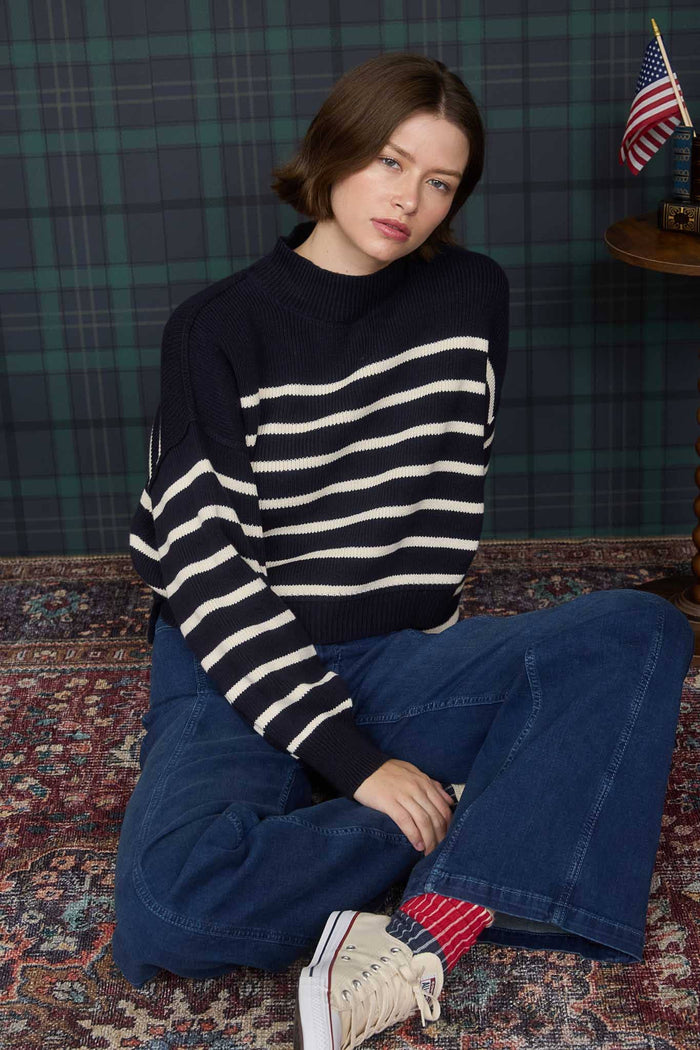STRIPE MOCK NECK DROP SHOULDER KNIT SWEATER: NAVY