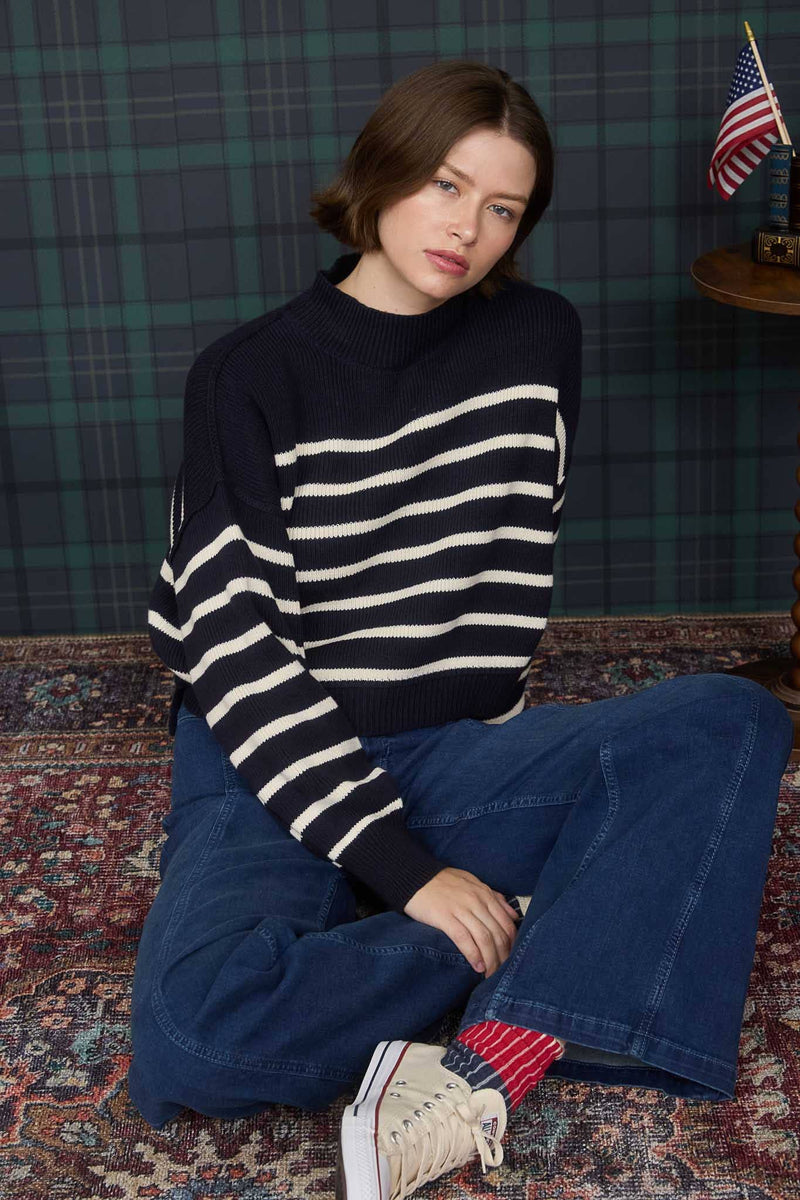 STRIPE MOCK NECK DROP SHOULDER KNIT SWEATER: NAVY