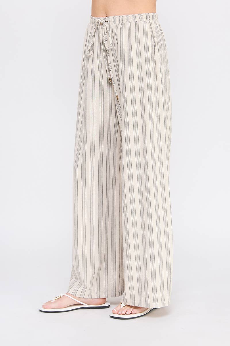 Cotton Blend Stripe Wide Leg Drawstring Pants