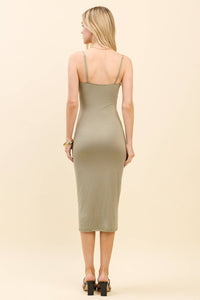 RUCHED EMPIRE CHEST MIDI CAMI DRESS: FADE OLIVE