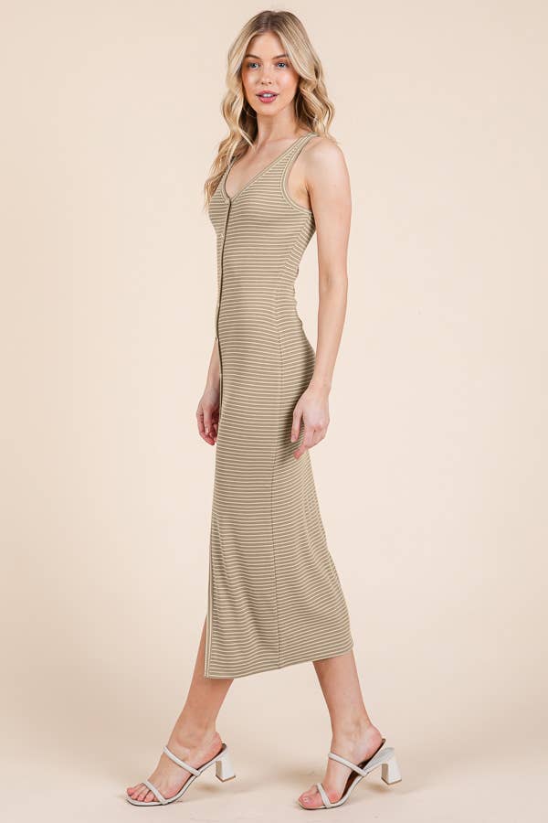 V NECK NON FUCTIONAL BUTTON MIDI DRESS: BLACK / SOFT WHITE
