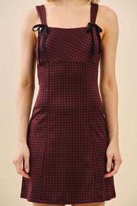 MINI DRESS WITH TIE FRONT BOW: BROWN / IVORY