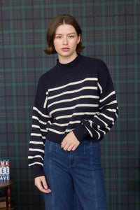STRIPE MOCK NECK DROP SHOULDER KNIT SWEATER: NAVY
