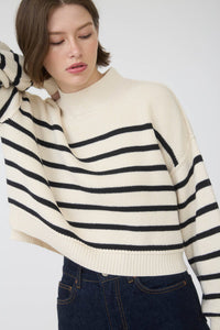 STRIPE MOCK NECK DROP SHOULDER KNIT SWEATER: NAVY