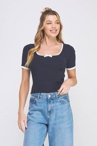 Soft Rib Fine Gauge Square Neck Bow Top