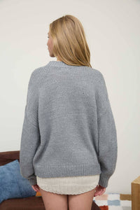 BOW DETAIL CREW NECK LONG SLEEVE PULLOVER SWEATER: GREY