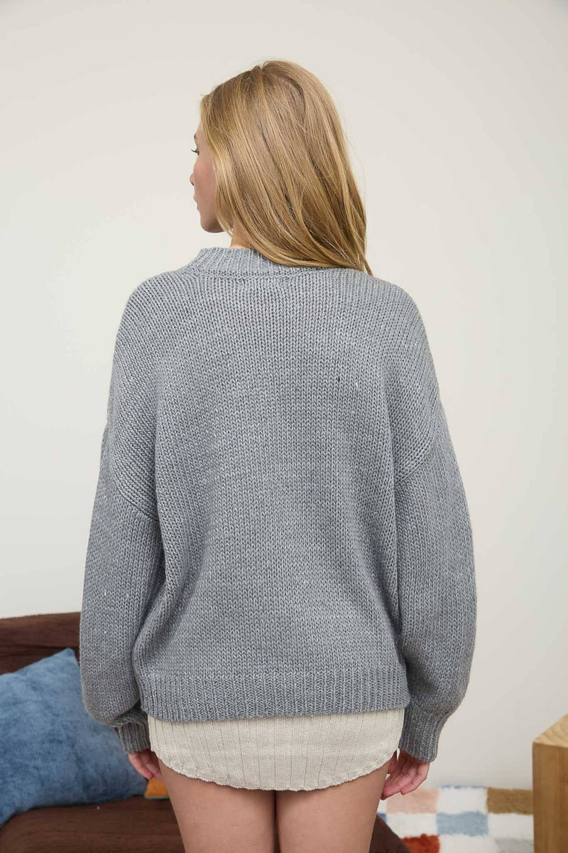 BOW DETAIL CREW NECK LONG SLEEVE PULLOVER SWEATER: GREY