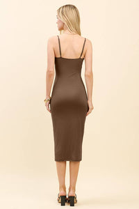 RUCHED EMPIRE CHEST MIDI CAMI DRESS: COCOA