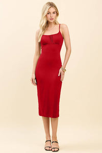 RUCHED EMPIRE CHEST MIDI CAMI DRESS: FRESH RED