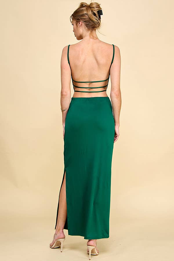 COWL NECK W LAYERED STRAP MAXI DRESS W SIDE SLIT: JEWELRY GREEN