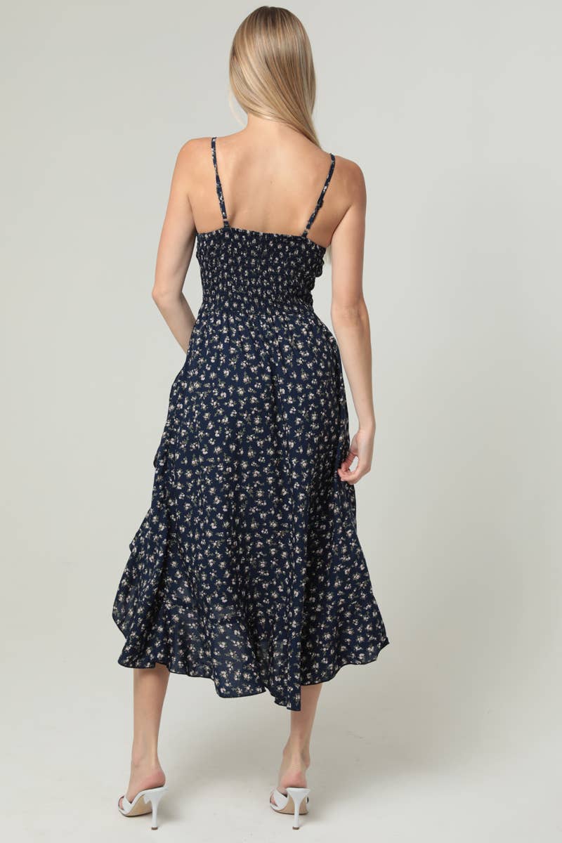 V NECK TWIST FRONT CUT OUT SIDE SLIT RUFFLE MIDI