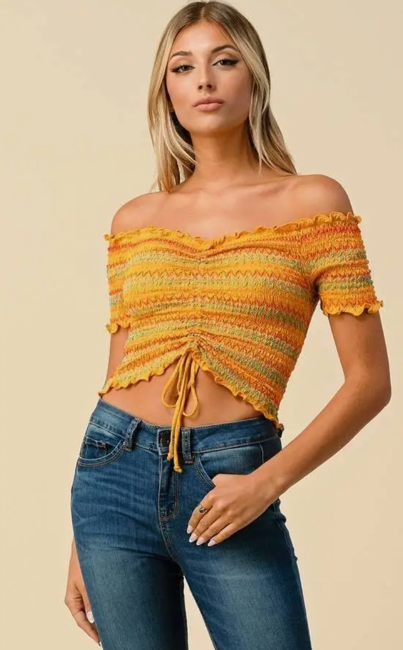 RUCHING MULTI COLOR SMOKED OFF SHOULDER TOP