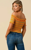 RUCHING MULTI COLOR SMOKED OFF SHOULDER TOP