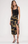 Rouched Floral Side Slit Midi Skirt