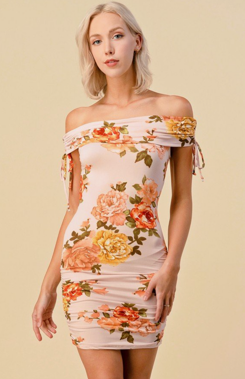 PRINT RUCHED OFF SHOULDER DRESS