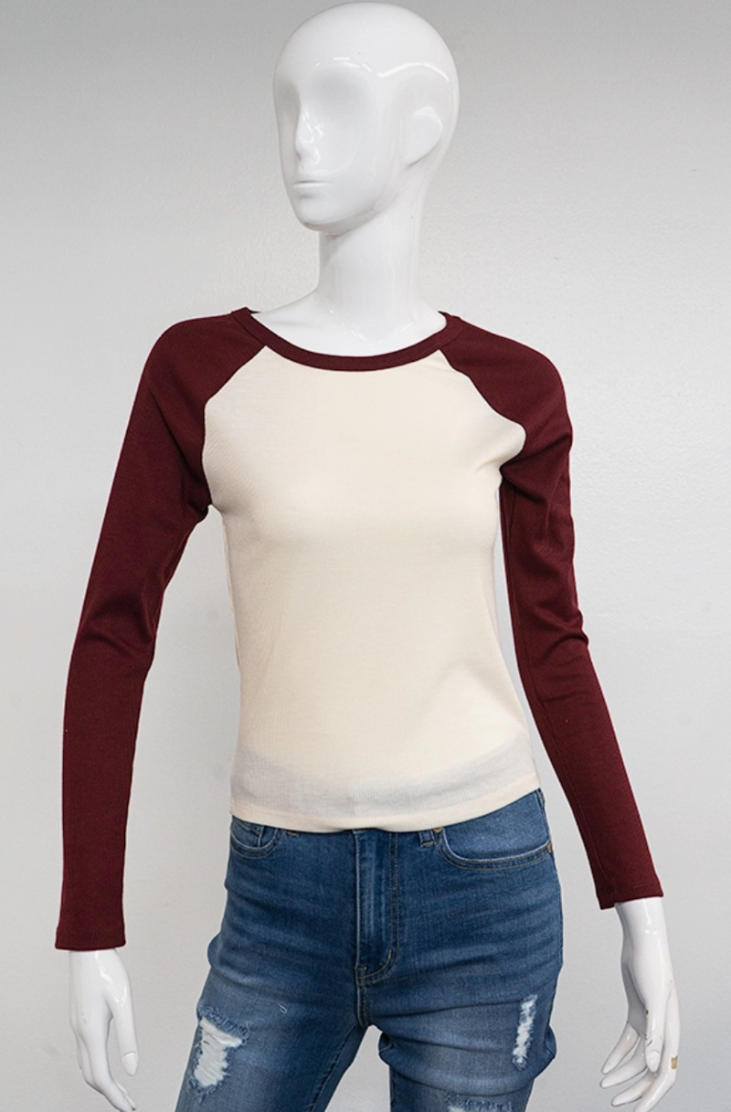 RIBBED RAGALAN LONG SLEEVE COLOR BLOCK TOP